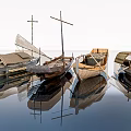 Traditional Wooden Boats With Sails And Oars Floating On Calm Water With Reflections