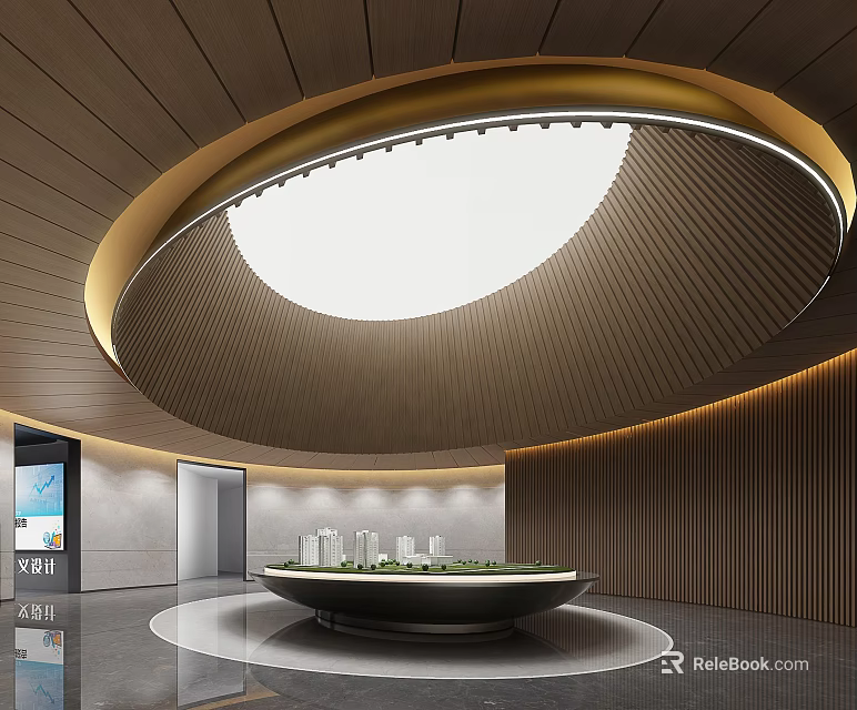Modern Sales Office Interior With Circular Golden Frame Ceiling Wooden Walls And Model Building 3d model 