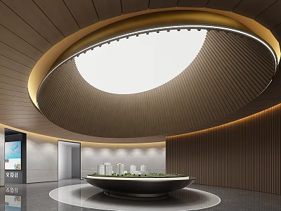 Modern Sales Office Interior With Circular Golden Frame Ceiling Wooden Walls And Model Building 3d model