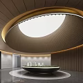 Modern Sales Office Interior With Circular Golden Frame Ceiling Wooden Walls And Model Building