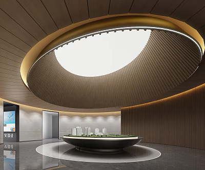 Modern Sales Office Interior With Circular Golden Frame Ceiling Wooden Walls And Model Building 3d model