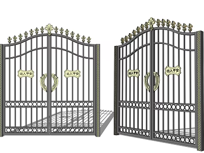Wrought Iron Entrance Gates With Ornate Decorative Top And Golden Emblems 3d model