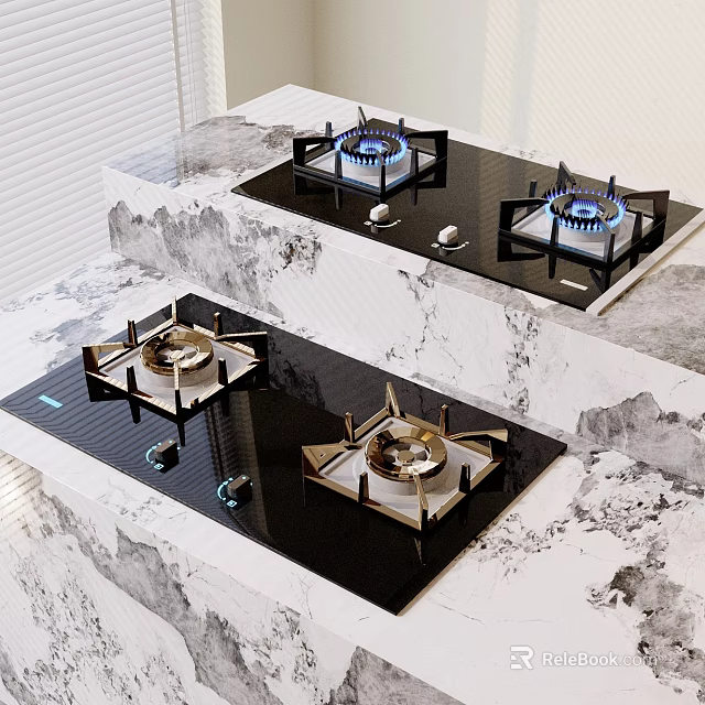 Modern Kitchen Gas Stoves With Black Cooktops Marble Countertops And Blue Flames 3d model 