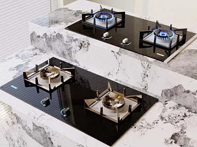Modern Kitchen Gas Stoves With Black Cooktops Marble Countertops And Blue Flames 3d model