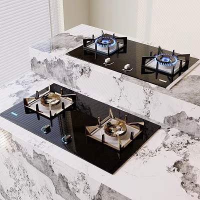 Modern Kitchen Gas Stoves With Black Cooktops Marble Countertops And Blue Flames 3d model