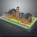 Vibrant Architectural Building Featuring Clock Tower Orange Red Facade Blue Roof Lawn And Palm Trees
