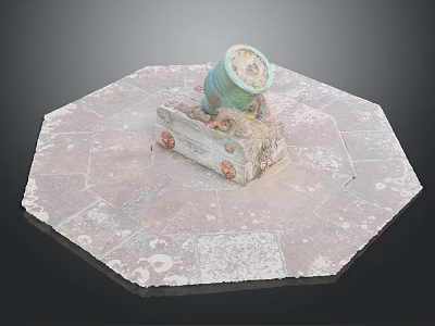 Ancient Cannon Weapon on Octagonal Stone Platform with Rustic Wheels and Weathered Surface 3d model