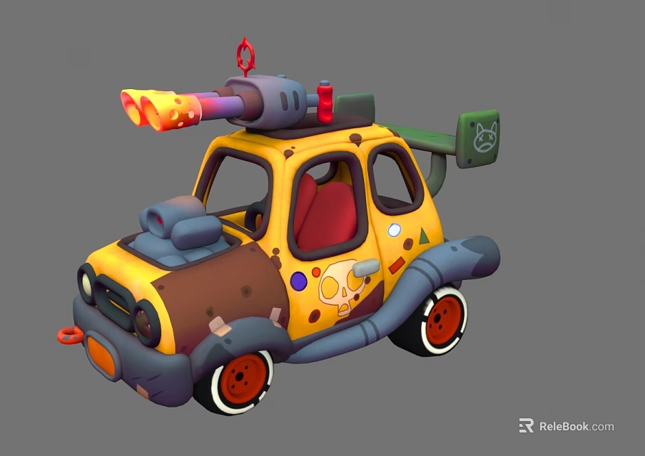 Colorful Cartoon Car With Cannon On Roof Stickers And Red Wheels 3d model 