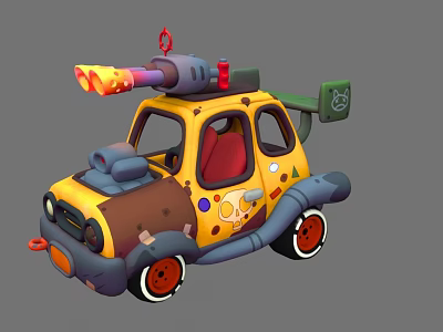 Colorful Cartoon Car With Cannon On Roof Stickers And Red Wheels 3d model