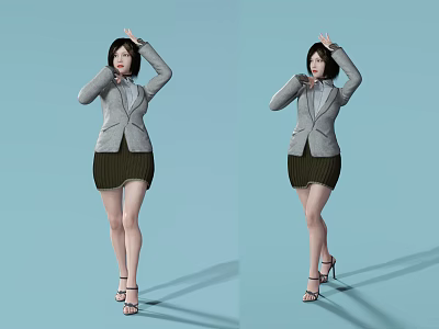 Woman in Gray Blazer and Striped Skirt Posing with High Heels on Light Blue Background 3d model