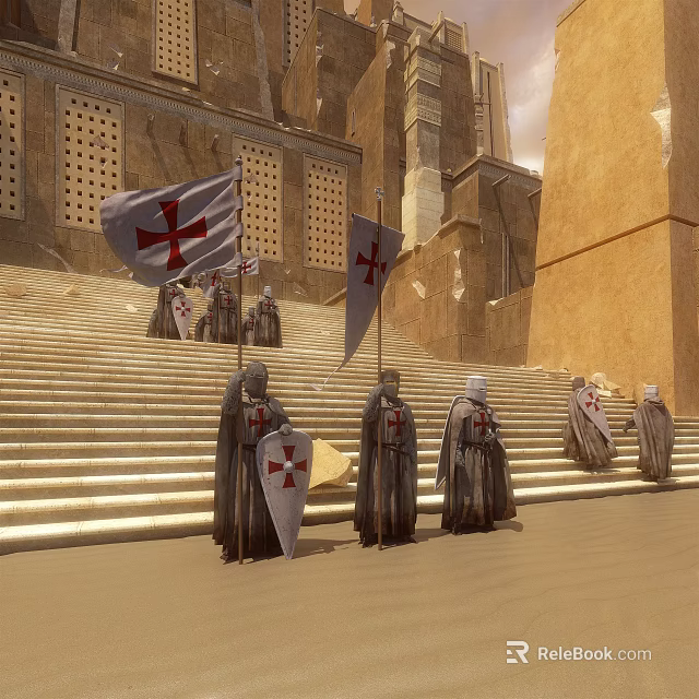 Game Movie Characters in Robes with Cross Symbols Standing by Stone Steps and Flags 3d model 