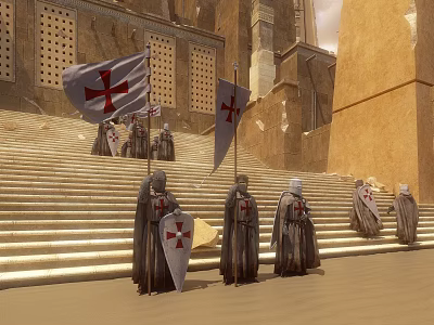 Game Movie Characters in Robes with Cross Symbols Standing by Stone Steps and Flags 3d model