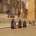 Game Movie Characters in Robes with Cross Symbols Standing by Stone Steps and Flags