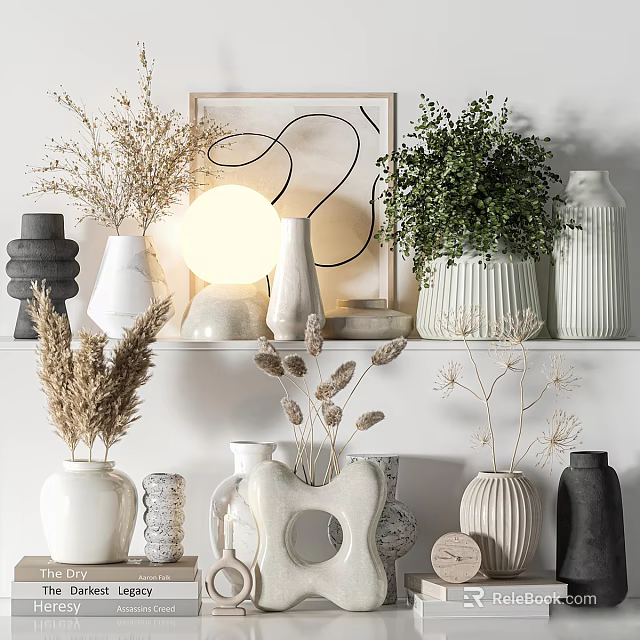 Stylish Ceramic Vessels and Decorative Vases Displayed on Shelves with Dried Plants and Wall Art 3d model 