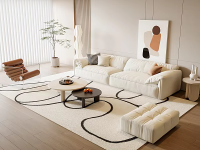 Modern White Sofa and Coffee Table Set With Wave Pattern Rug Ottoman and Accent Chair 3d model