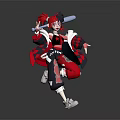 Anime Style Character With Red Black Hair Holding Sword In Dynamic Red Black Checkered Outfit Pose