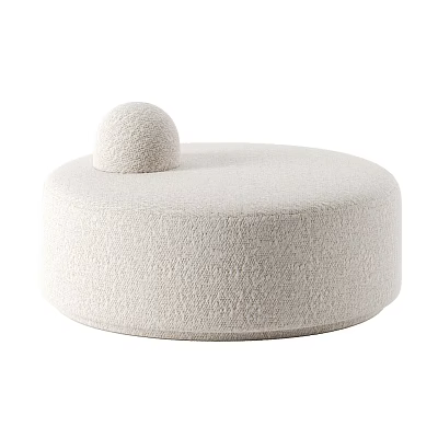Round Beige Textured Ottoman With Padded Surface And Small Decorative Ball Top 3d model