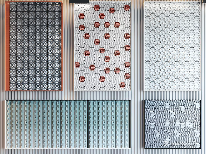 Modern Wall Decor With Hexagonal Polka Dot And Striped Patterns In Gray Red White Blue 3d model 