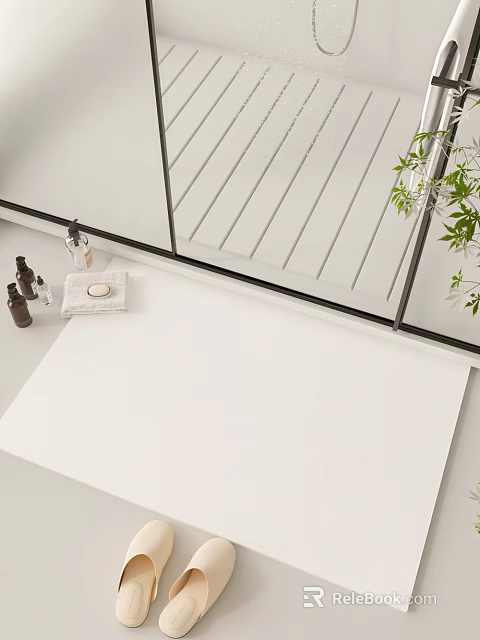 Modern Bathroom Interior With White Countertop Glass Shower Partition Toiletries And Green Plant 3d model 