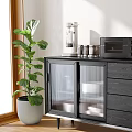 Modern Black Sideboard Cabinet Featuring Glass Doors Drawers Gold Handles Microwave Coffee Maker And Books