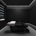 Modern Ness Hair Salon Interior With Black Hair Stations White Sinks And Product Shelves