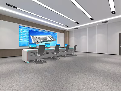 Modern Monitoring Room Interior With Large Screen Control Desk Computers And Workstation Chairs 3d model