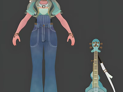 Vibrant Game Movie Character With Teal Hair Green Shirt Blue Denim Overalls And Blue Violin 3d model