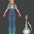 Vibrant Game Movie Character With Teal Hair Green Shirt Blue Denim Overalls And Blue Violin