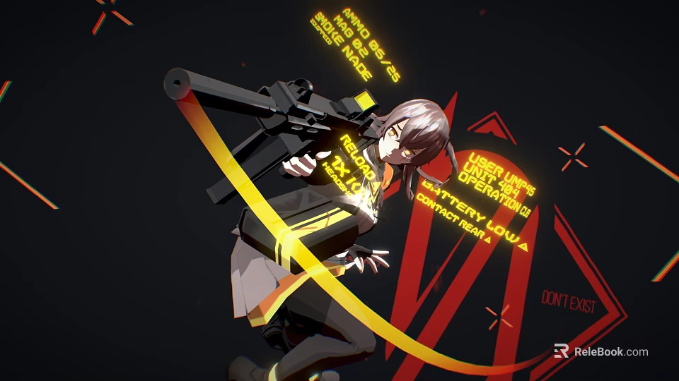 Woman Holding Gun With Yellow Lines And Red Symbol On Black Background 3d model 