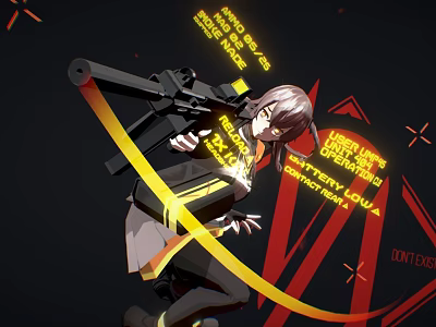 Woman Holding Gun With Yellow Lines And Red Symbol On Black Background 3d model