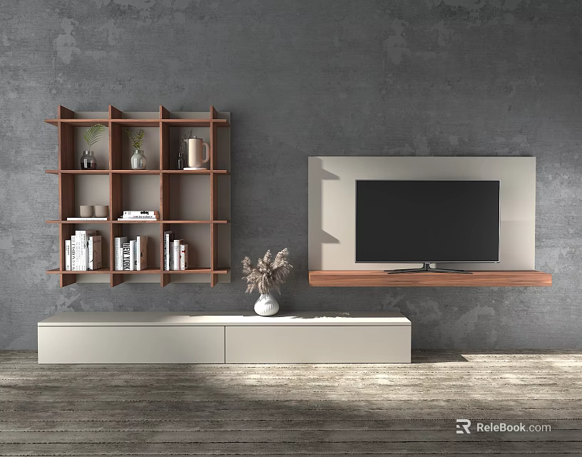 Modern White TV Stand with Wooden Bookshelf Wall TV and Books in Living Room 3d model 