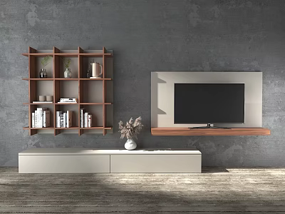Modern White TV Stand with Wooden Bookshelf Wall TV and Books in Living Room 3d model