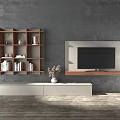 Modern White TV Stand with Wooden Bookshelf Wall TV and Books in Living Room