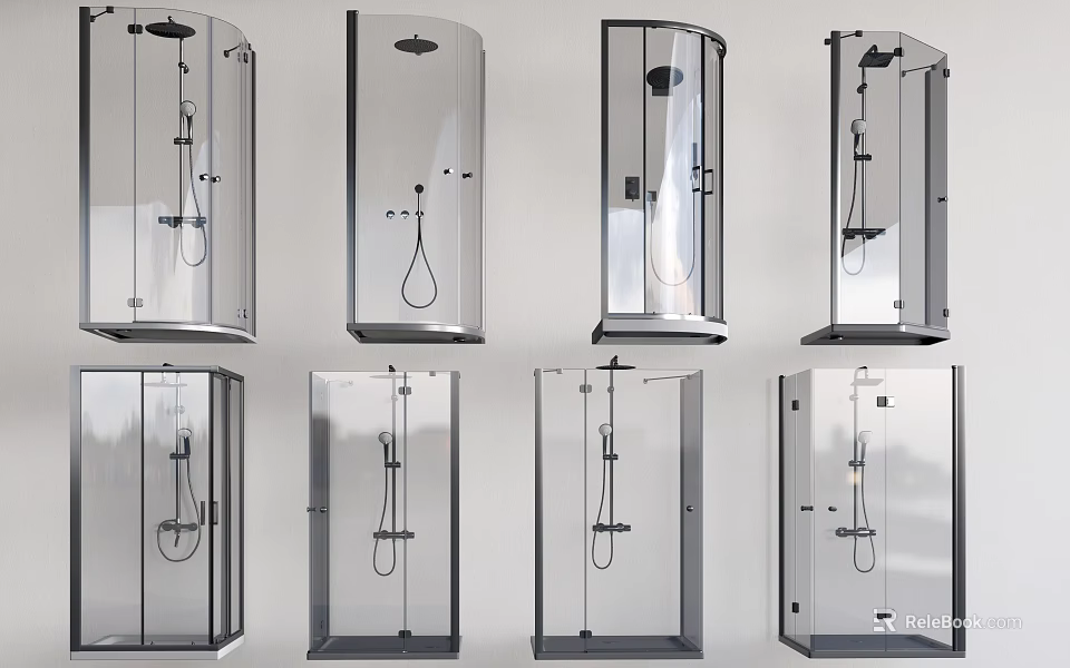 Modern Glass Shower Enclosures With Various Styles And Shower Heads 3d model 