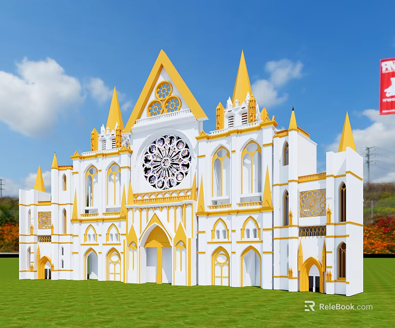 Ancient Historic Building With White Yellow Exterior Gothic Spires And Arched Windows 3d model 
