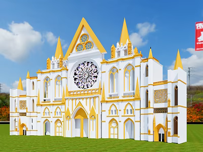 Ancient Historic Building With White Yellow Exterior Gothic Spires And Arched Windows 3d model