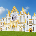 Ancient Historic Building With White Yellow Exterior Gothic Spires And Arched Windows