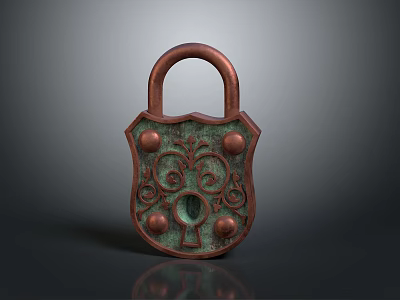 Vintage Copper Padlock With Ornate Carvings And Verdigris Brown Patina Design 3d model