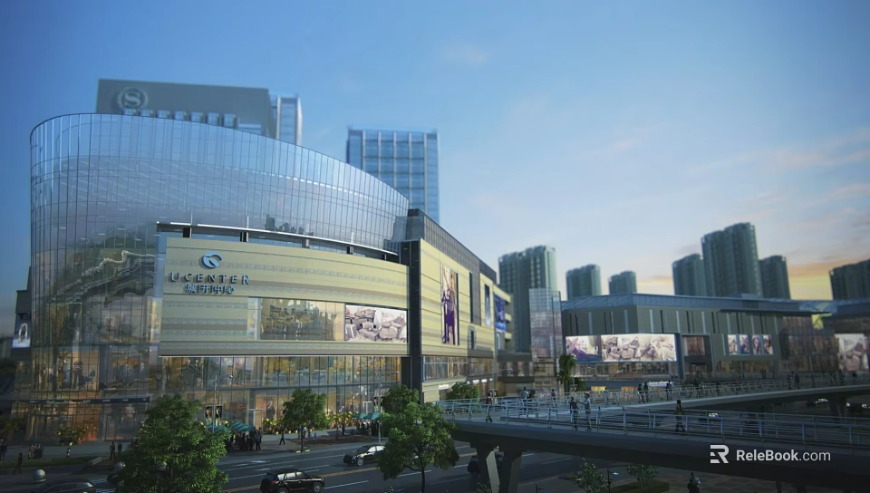 Modern Commercial Street With Tall Buildings Glass Facade Mall Pedestrian Walkway Trees And Vehicles 3d model 