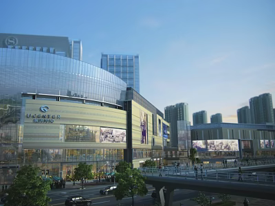 Modern Commercial Street With Tall Buildings Glass Facade Mall Pedestrian Walkway Trees And Vehicles 3d model