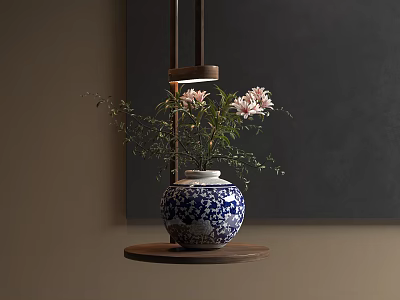 Blue And White Patterned Vase With White Lily Flowers On Wooden Shelf With Lighting 3d model
