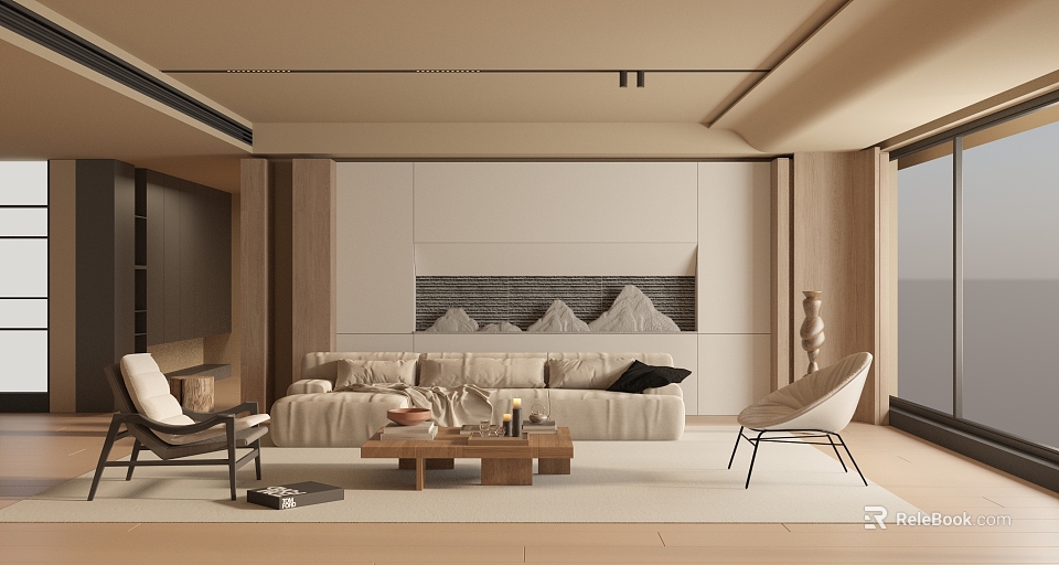 Elegant Living Dining Area With Beige Sofa Wooden Coffee Table Mountain Pattern Wall And Vase 3d model 