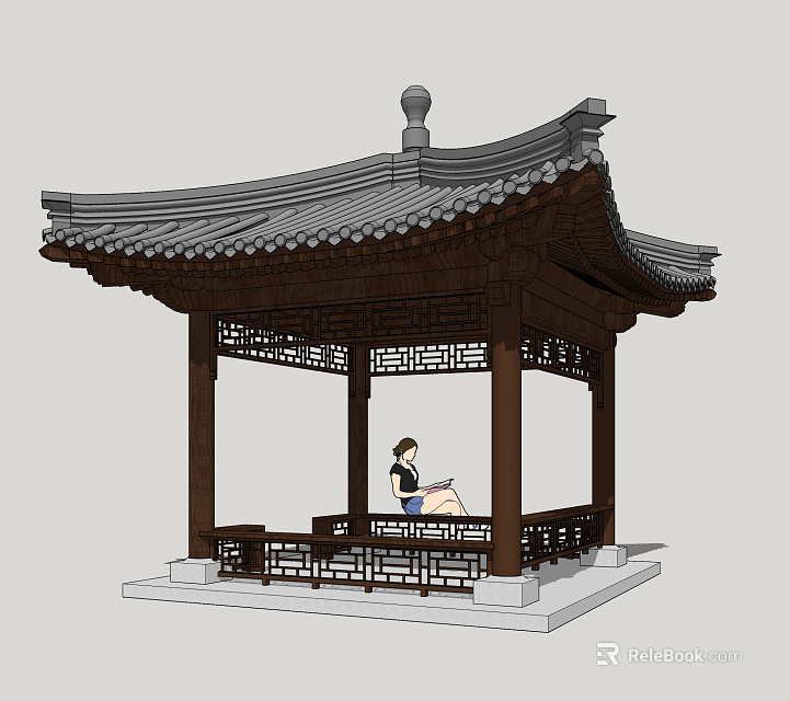 Classic Chinese Pavilion with Traditional Curved Roof Carved Railings and Person Sitting Inside 3d model 
