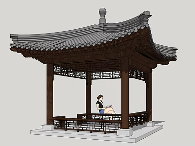 Classic Chinese Pavilion with Traditional Curved Roof Carved Railings and Person Sitting Inside 3d model