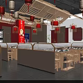 Traditional Chinese Hotpot Restaurant Interior With Red Decor Wooden Tables And Hanging Lanterns