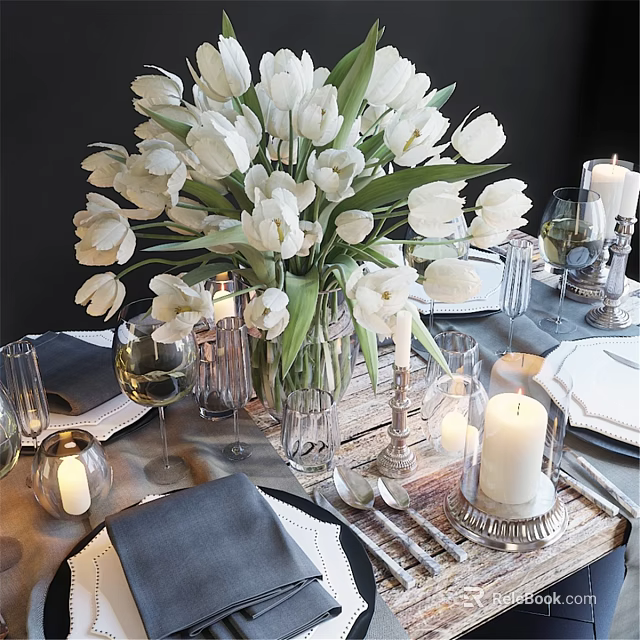 Elegant Tableware Set With White Tulips Candles Wine Glasses And Napkins 3d model 