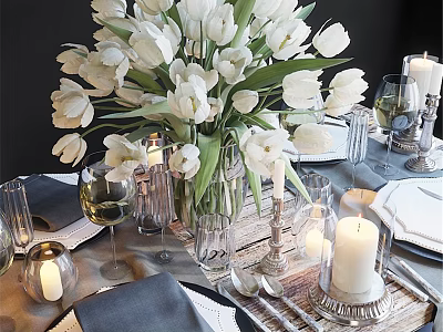 Elegant Tableware Set With White Tulips Candles Wine Glasses And Napkins 3d model