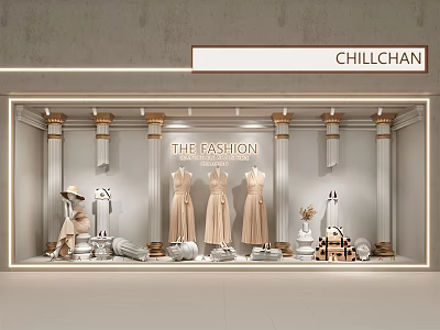 Chillchan Fashion Shop Window Display With Beige Dresses Columns And Accessories 3d model