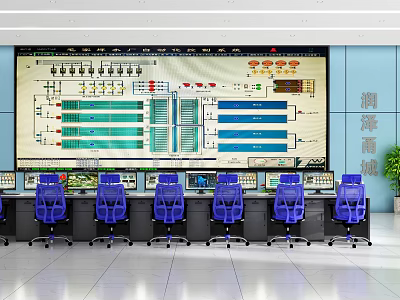 Modern Control Room with Large Screen Displaying Charts and Data Blue Chairs and Control Consoles 3d model