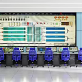 Modern Control Room with Large Screen Displaying Charts and Data Blue Chairs and Control Consoles